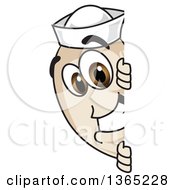 Clipart Of A Navy Bean Mascot Character Looking Around A Sign Royalty Free Vector Illustration by Mascot Junction