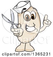 Navy Bean Mascot Character Holding Up A Finger And Scissors