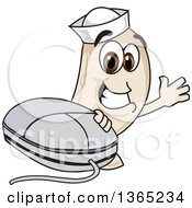 Clipart Of A Navy Bean Mascot Character Waving By A Computer Mouse Royalty Free Vector Illustration by Toons4Biz