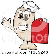 Clipart Of A Navy Bean Mascot Character Holding A Price Tag Royalty Free Vector Illustration