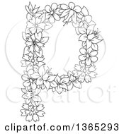 Poster, Art Print Of Black And White Lineart Floral Lowercase Alphabet Letter P