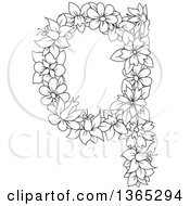 Clipart Of A Black And White Lineart Floral Lowercase Alphabet Letter Q Royalty Free Vector Illustration