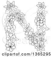Clipart Of A Black And White Lineart Floral Uppercase Alphabet Letter N Royalty Free Vector Illustration by Vector Tradition SM