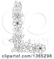 Poster, Art Print Of Black And White Lineart Floral Uppercase Alphabet Letter L