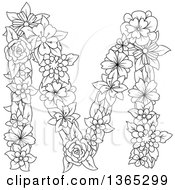 Clipart Of A Black And White Lineart Floral Uppercase Alphabet Letter M Royalty Free Vector Illustration