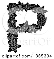 Poster, Art Print Of Black And White Floral Uppercase Alphabet Letter P