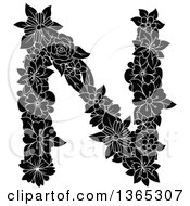 Poster, Art Print Of Black And White Floral Uppercase Alphabet Letter N