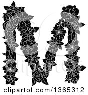 Clipart Of A Black And White Floral Uppercase Alphabet Letter M Royalty Free Vector Illustration