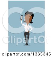 Poster, Art Print Of Flat Design Black Businesswoman Holding Up A Smart Phone On Blue