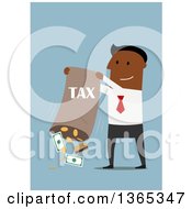 Poster, Art Print Of Flat Design Black Businessman Dumping Out A Bag For Taxes On Blue