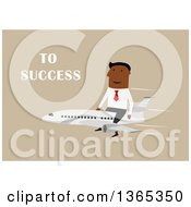 Poster, Art Print Of Flat Design Black Businessman Riding On Top Of A Plane To Success On Tan