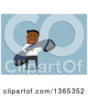 Poster, Art Print Of Flat Design Black Businessman Holding A Giant Telephone Receiver On Blue