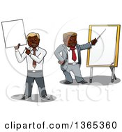 Poster, Art Print Of Cartoon Black Business Men Holding And Pointing To A Blank Sign And Pointing To A Board