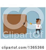Poster, Art Print Of Flat Design Black Businessman Putting A Coin In A Giant Wallet On Blue