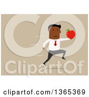 Poster, Art Print Of Flat Design Black Businessman Running With An Apple On Tan