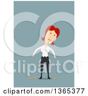 Clipart Of A Flat Design White Businesswoman Turning Out Her Pockets On Blue Royalty Free Vector Illustration