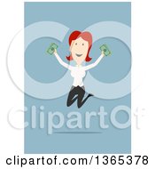 Clipart Of A Flat Design White Businesswoman Holding Cash And Jumping On Blue Royalty Free Vector Illustration