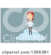 Poster, Art Print Of Flat Design White Businesswoman Holding And Sitting On Diamonds On Blue
