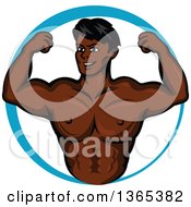 Poster, Art Print Of Cartoon Strong Black Male Bodybuilder Flexing His Muscles In A Blue Circle