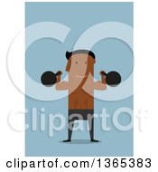 Flat Design Black Man Working Out With Kettlebells On Blue