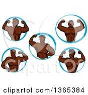 Clipart Of Cartoon Strong Black Male Bodybuilders Flexing Muscles In Blue Circles Royalty Free Vector Illustration