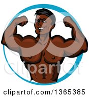 Poster, Art Print Of Cartoon Strong Black Male Bodybuilder Flexing His Muscles In A Blue Circle