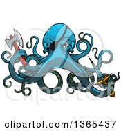 Poster, Art Print Of Blue Cartoon Pirate Octopus Holding A Knife And Axe