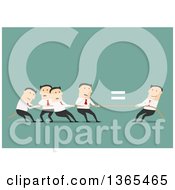 Flat Design Team Of White Business Men Engaged In Tug Of War Over Green