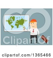 Poster, Art Print Of Flat Design Traveling White Businessman With A Credit Card Map And Luggage On Blue