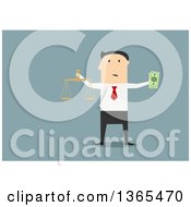 Clipart Of A Flat Design White Businessman Holding Scales And Cash On Blue Royalty Free Vector Illustration