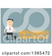 Poster, Art Print Of Flat Design White Businessman Growing A Wheat Crop On Blue