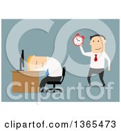 Poster, Art Print Of Flat Design White Businessman Sleeping At His Desk His Boss About To Wake Him Up On Blue
