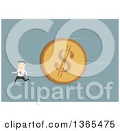 Poster, Art Print Of Flat Design White Businessman Running From A Giant Coin On Blue
