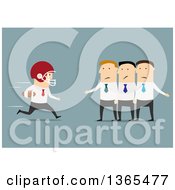 Clipart Of A Flat Design White Businessman Football Player Running To A Team On Blue Royalty Free Vector Illustration
