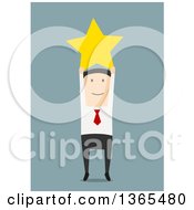 Clipart Of A Flat Design White Businessman Holding Up A Star On Blue Royalty Free Vector Illustration