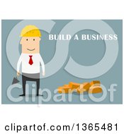 Poster, Art Print Of Flat Design White Businessman Contractor With Build A Business Text On Blue