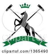 Poster, Art Print Of Black Silhouetted Rearing Horse Over Crossed Polo Mallets With A Crown And A Blank Green Banner