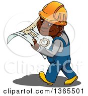 Poster, Art Print Of Cartoon Happy Black Male Construction Worker Walking With Plans