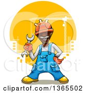 Poster, Art Print Of Cartoon Happy Black Male Construction Worker Holding A Wrench Over A City