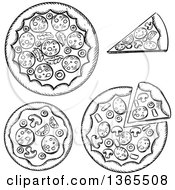 Clipart Of Black And White Sketched Pizzas Royalty Free Vector Illustration