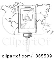 Poster, Art Print Of Black And White Sketched Plugged In Cell Phone Searching Over A Map