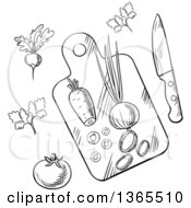 Poster, Art Print Of Black And White Sketched Cutting Board And Veggies