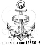 Clipart Of A Black And White Sketched Anchor With A Ribbon Banner Royalty Free Vector Illustration