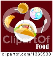 Poster, Art Print Of Taco Cappuccino Croissant And Ice Cream Sundae With Food Text On Brown