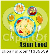 Poster, Art Print Of Bowl Of Rice Vegetables And Spices Over Asian Food Text On Green