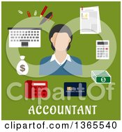 Clipart Of A Flat Design Faceless Accountant Woman With Accessories Over Text On Green Royalty Free Vector Illustration
