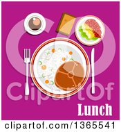 Poster, Art Print Of Beef Steak Rice And Vegetables Tomato Salad With Cheese Cup Of Coffee And Bread Over Lunch Text On Pink
