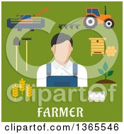 Clipart Of A Flat Design Faceless Male Farmer With Accessories Over Text On Green Royalty Free Vector Illustration