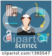 Flat Design Faceless Hotel Maid With Accessories Over Text On Blue