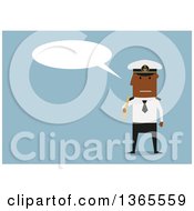 Poster, Art Print Of Flat Design Black Male Captain Holding A Telescope And Talking On Blue
